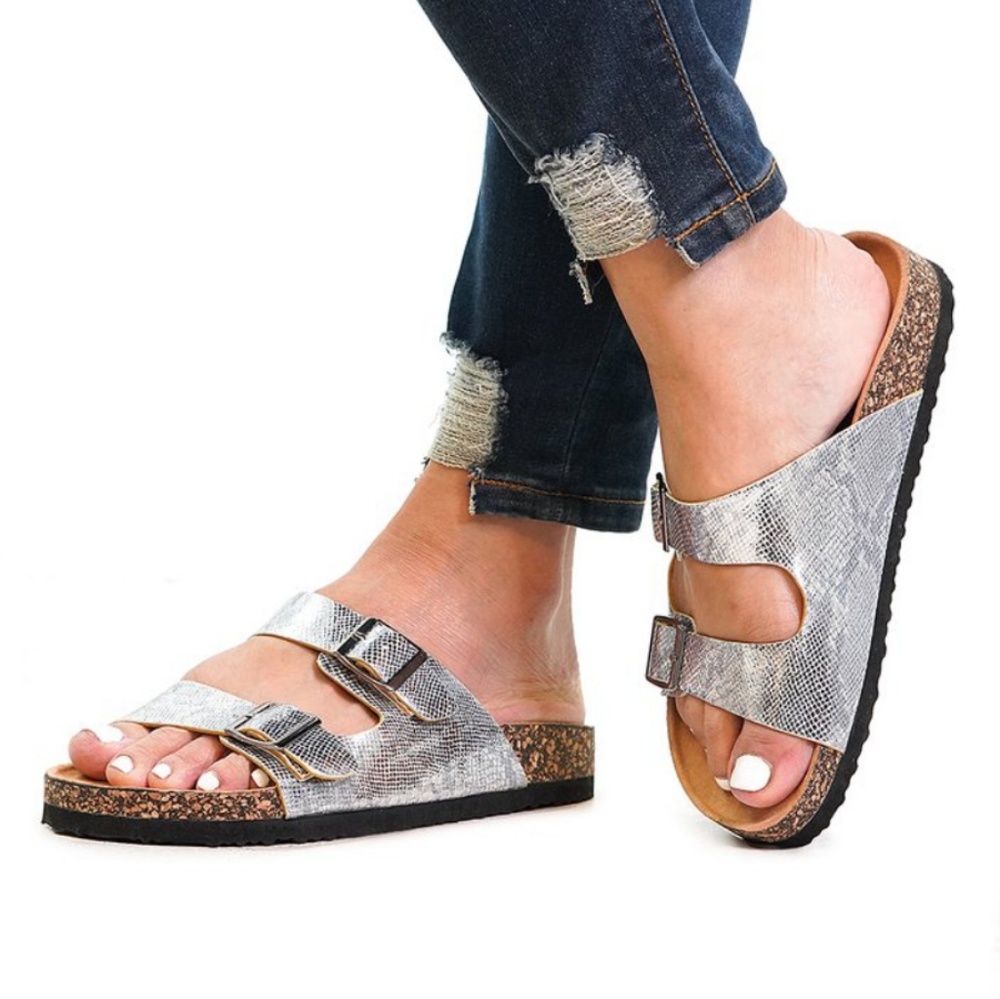 Silver Faux Snake Sandals - Picture 3 of 3